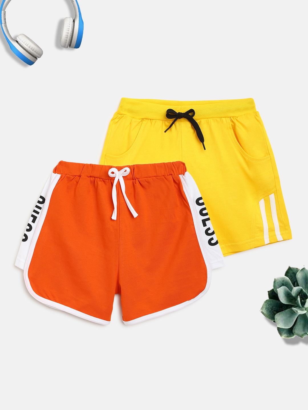 

HOMEGROWN Girls Yellow & Orange Set Of 2 Cotton Outdoor Shorts