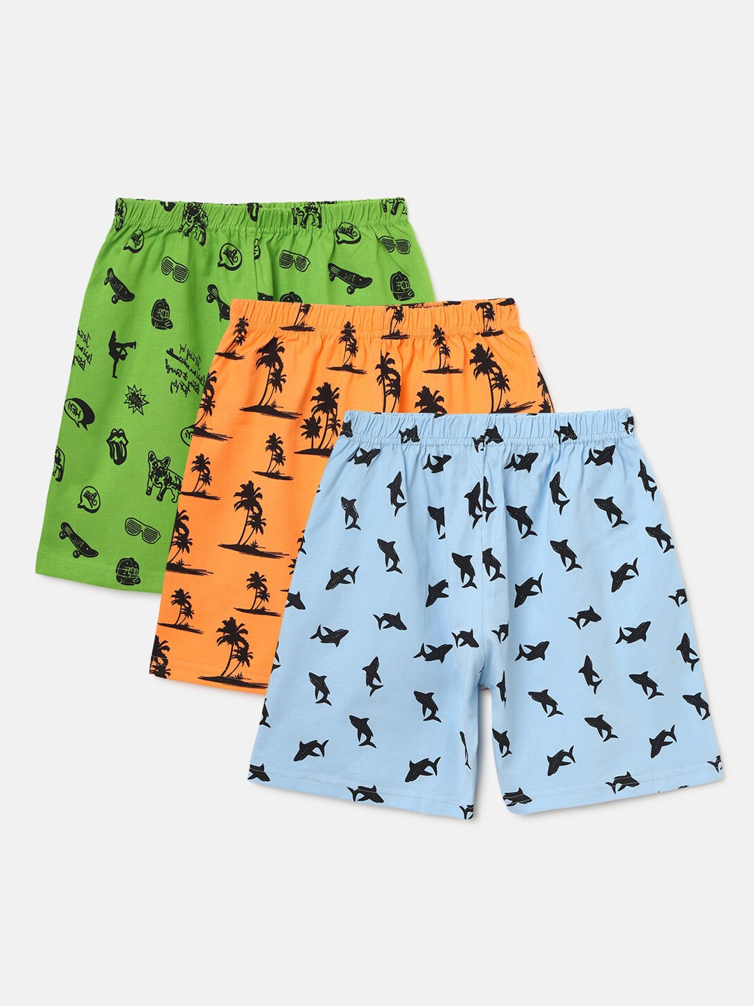 

HOMEGROWN Boys Set Of 3 Printed Pure Cotton Outdoor Shorts, Green