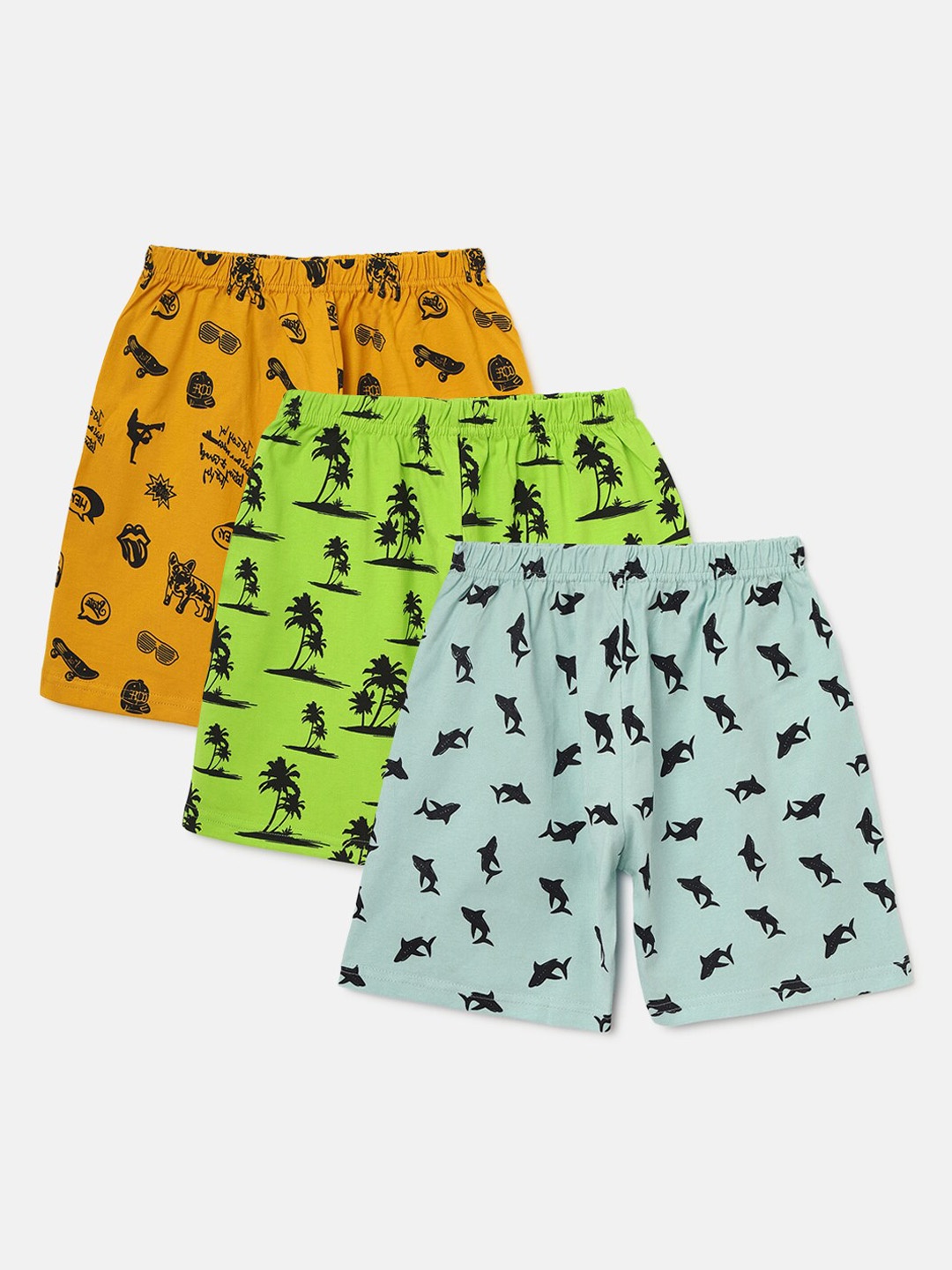 

HOMEGROWN Boys Set Of 3 Mustard Yellow & Green Regular Fit Printed Cotton Shorts