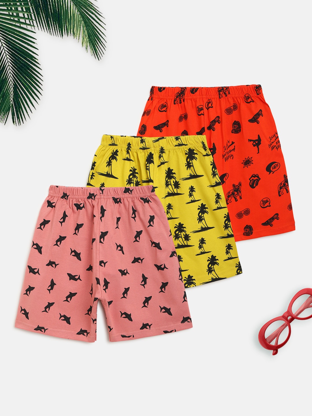 HOMEGROWN Boys Set Of 3 Conversational Printed Outdoor Shorts, Red