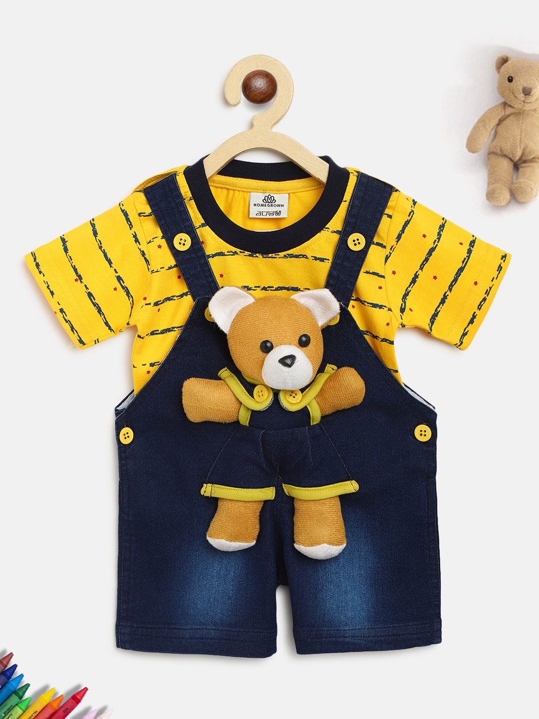 

HOMEGROWN Boys Yellow and Blue Pure Cotton Printed Dungarees