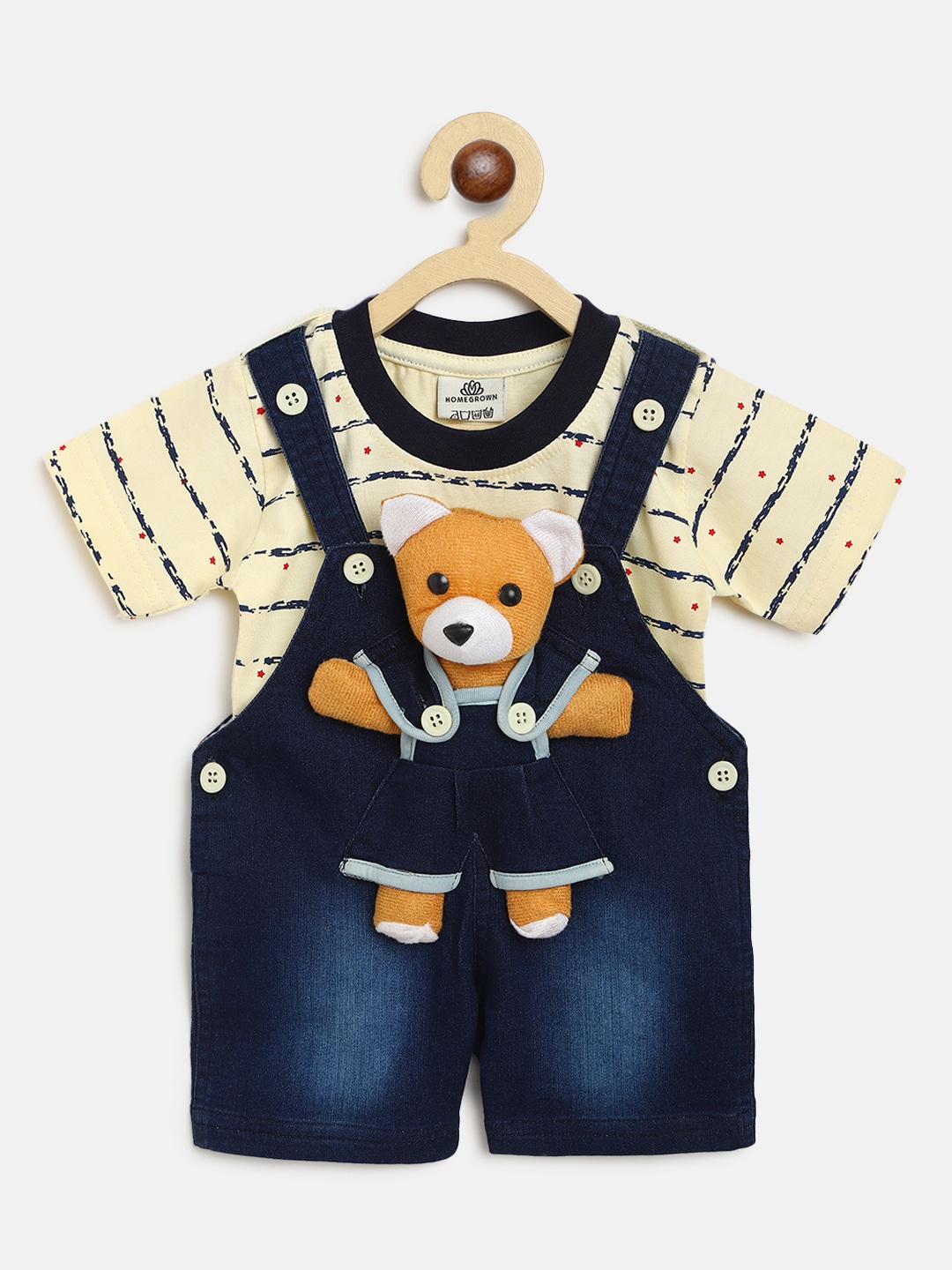 

HOMEGROWN Boys Yellow & Blue Striped T-shirt with Dungaree