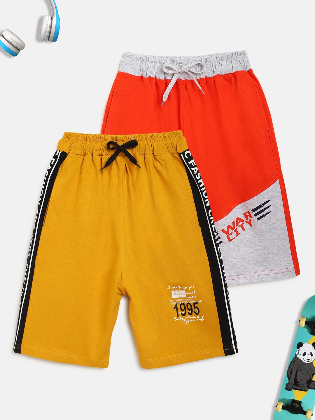 

HOMEGROWN Boys Pack Of 2 Orange & Yellow Typography Printed Shorts