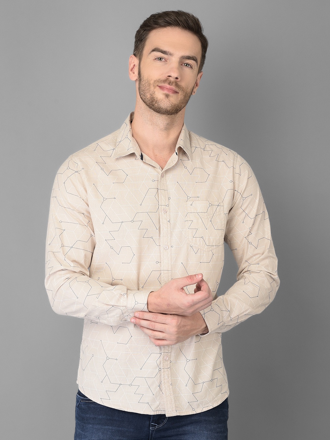 

Canary London Men Beige Smart Slim Fit Geometric Printed Linen Casual Shirt