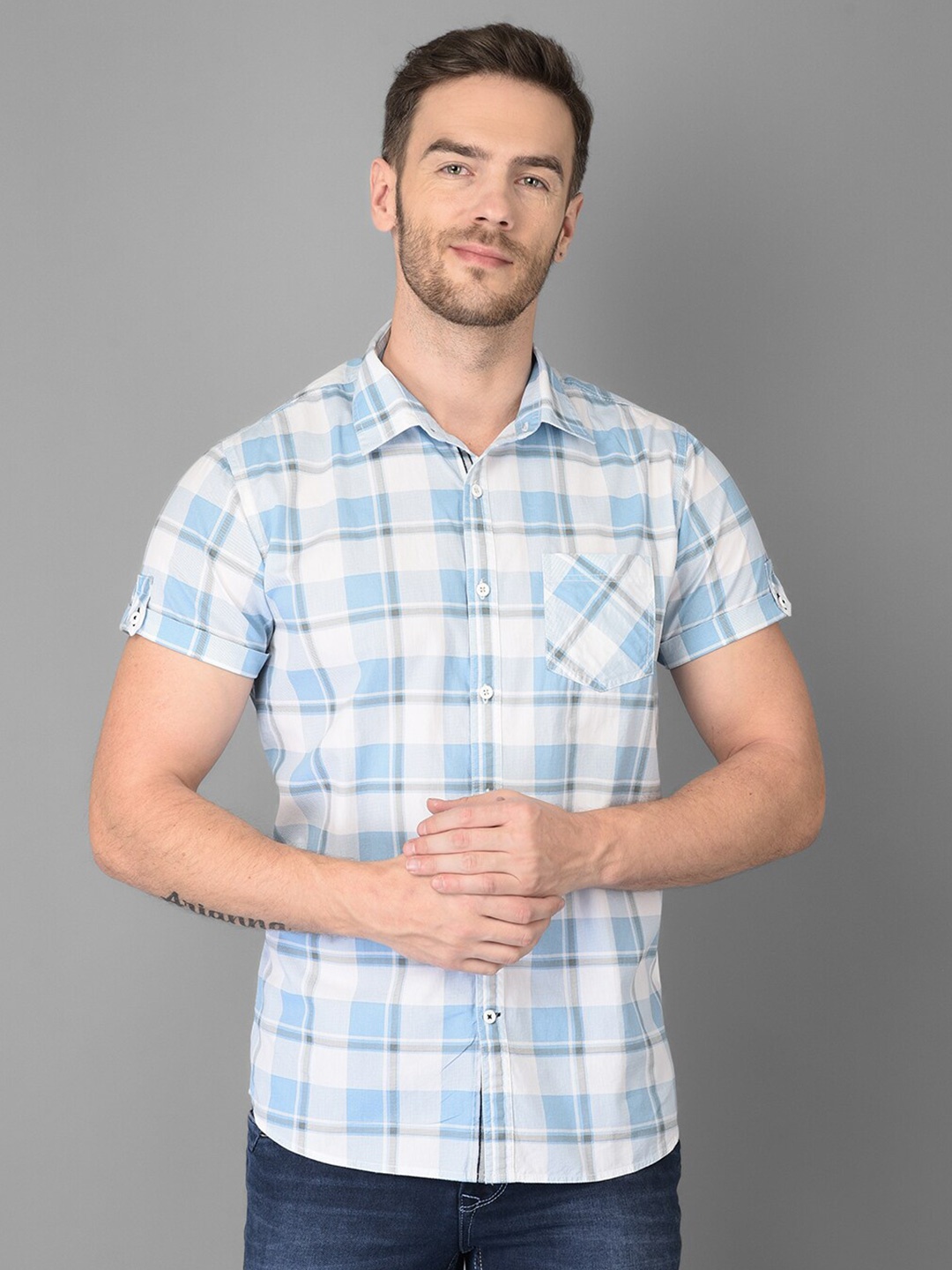 

Canary London Men Blue & White Smart Slim Fit Checked Casual Shirt