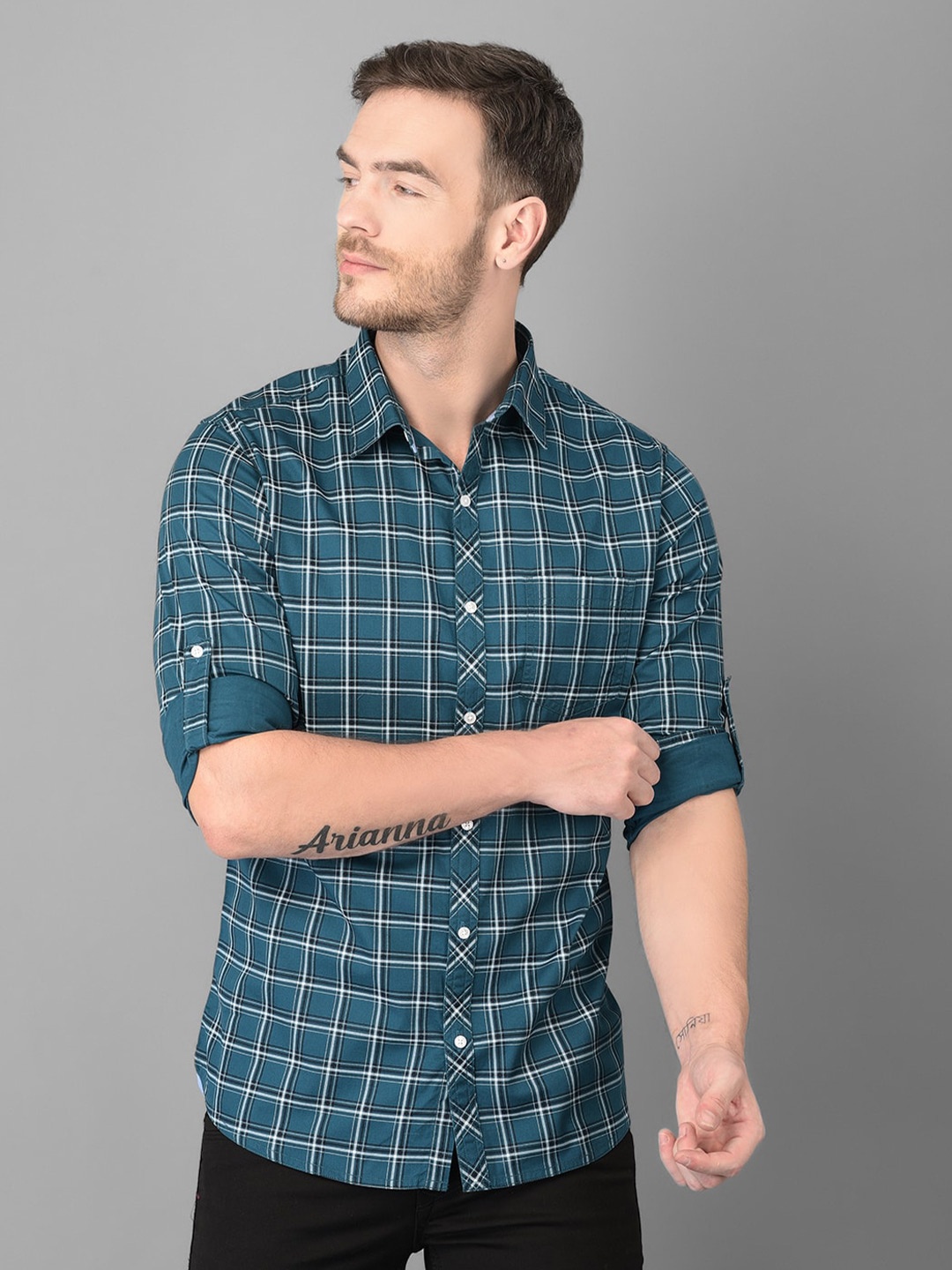 

Canary London Men Teal Smart Slim Fit Checked Casual Shirt