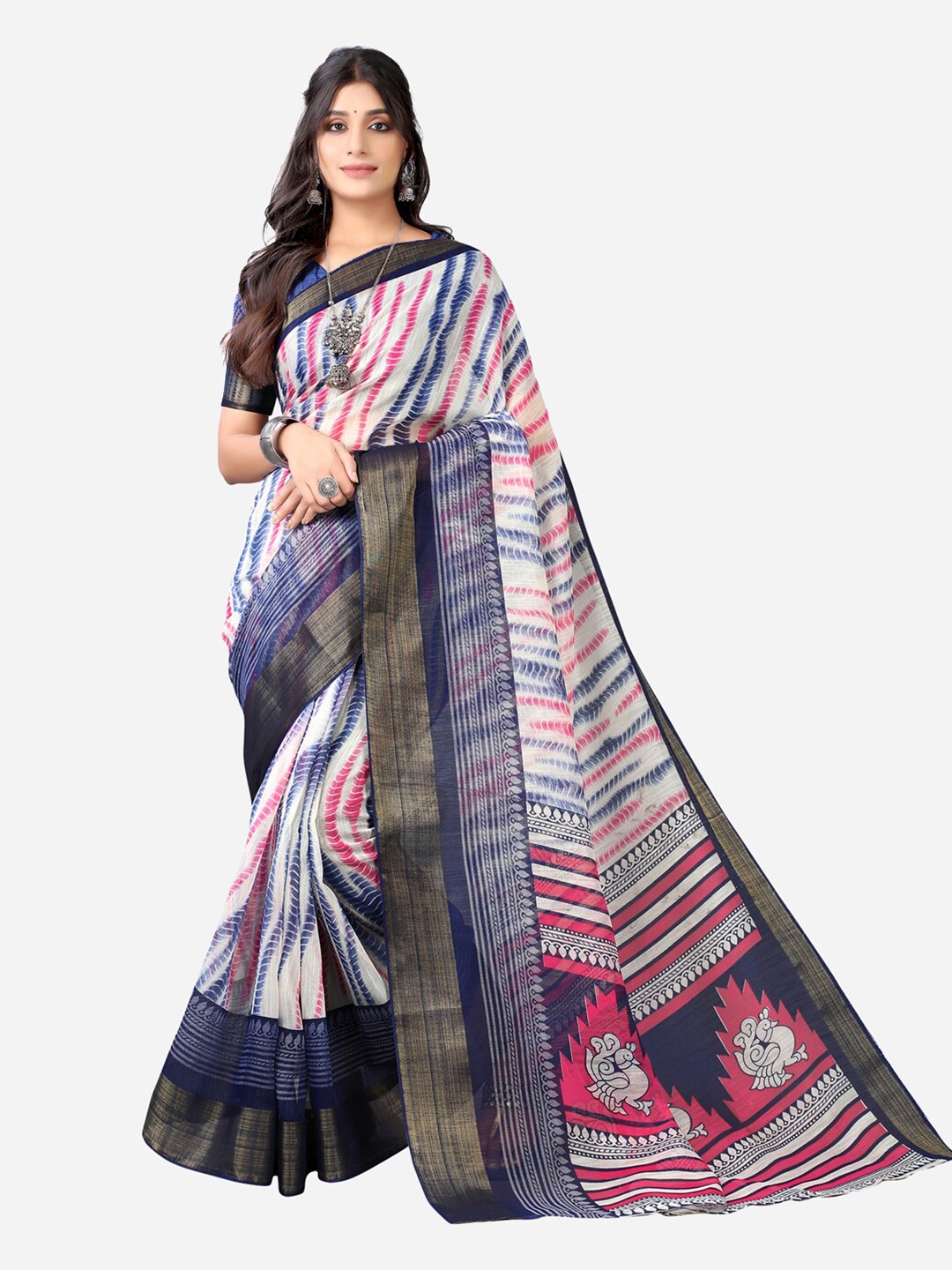 

KALINI Blue & Red Ethnic Motifs Zari Saree