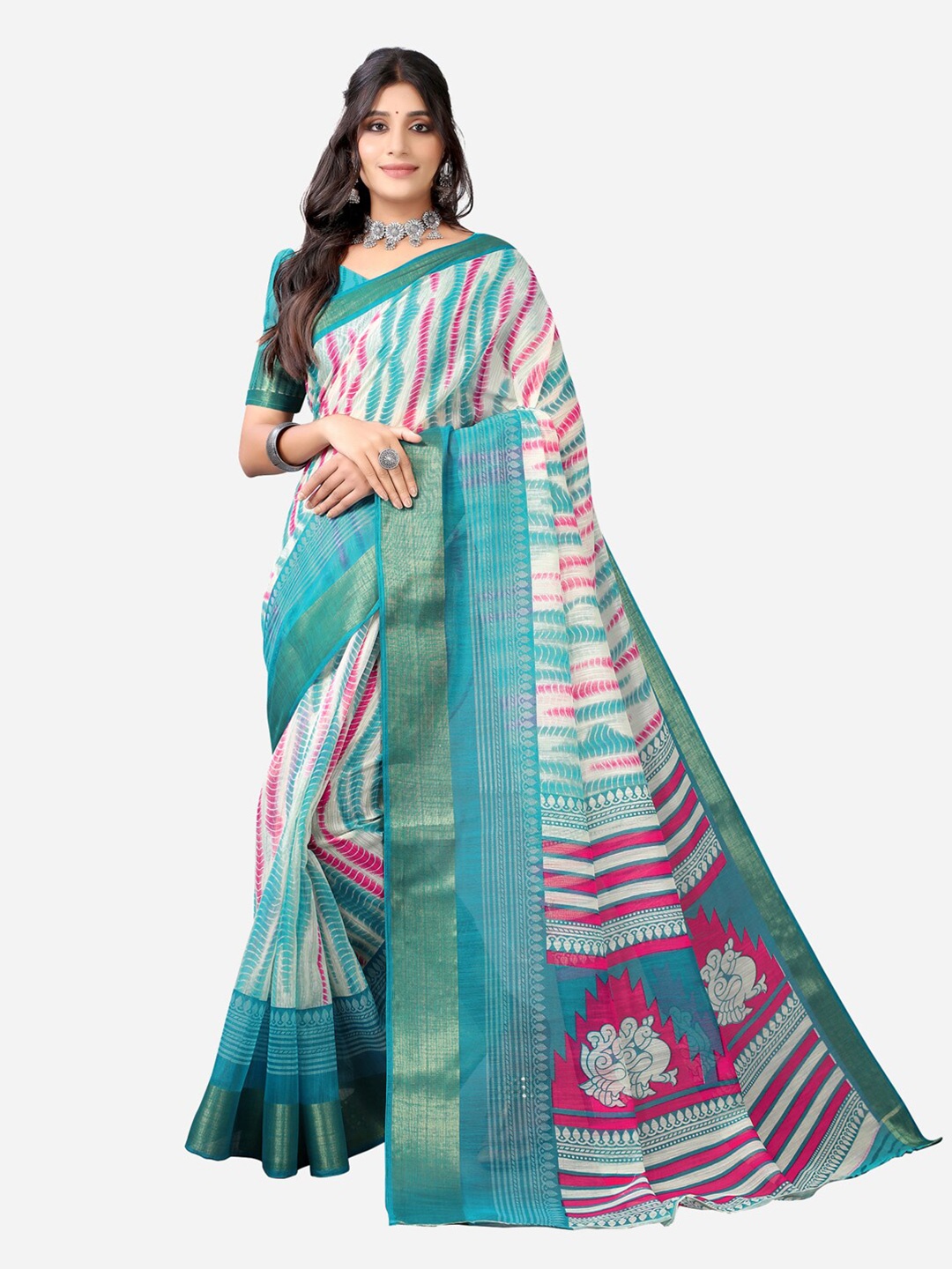 

KALINI Blue & White Printed Zari Saree