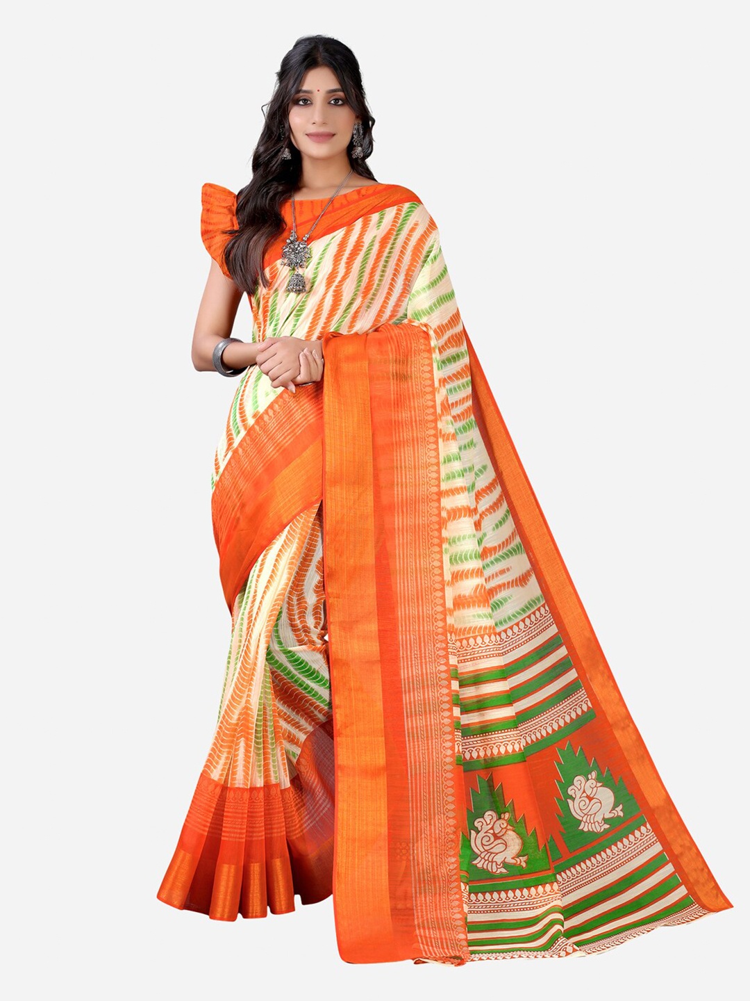 

KALINI Off White & Orange Zari Printed Saree