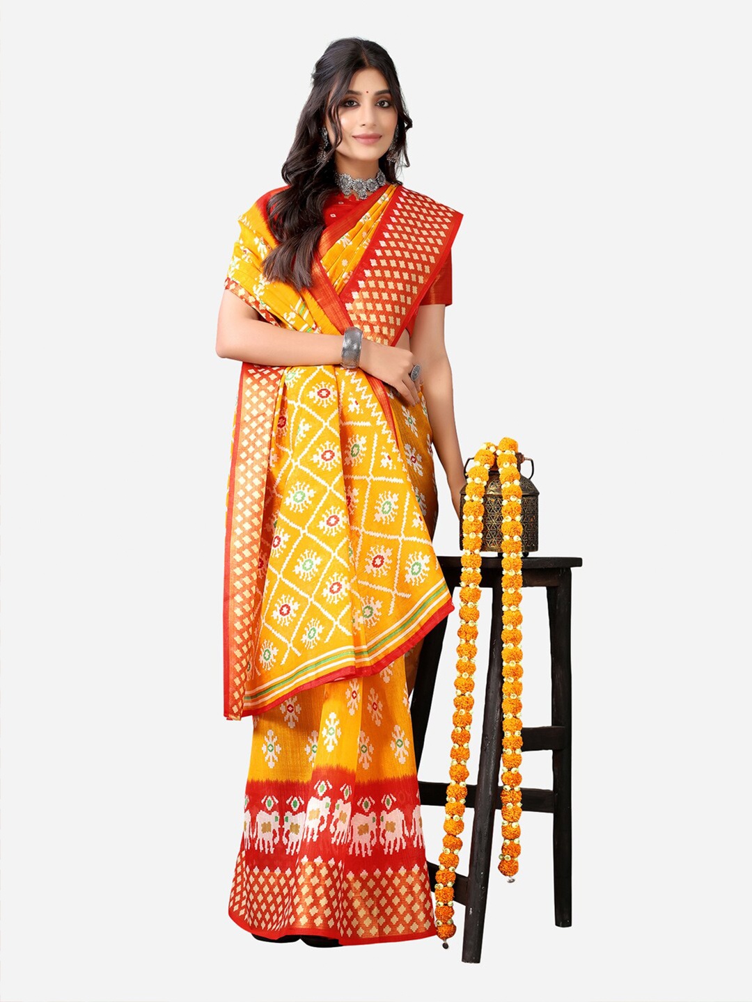 

KALINI Yellow & Red Ethnic Motifs Printed Saree