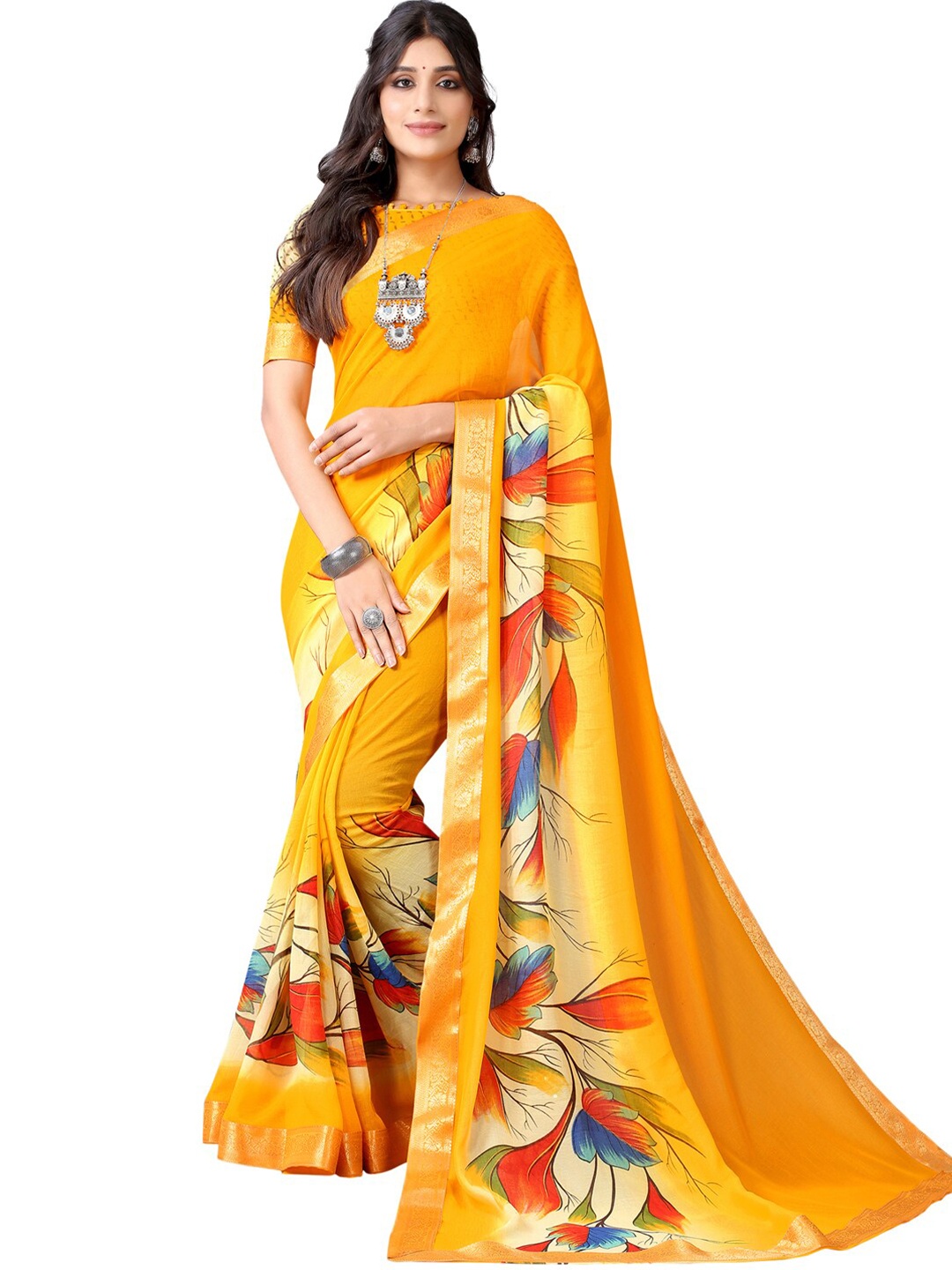 

KALINI Mustard & Blue Floral Printed Zari Pure Chiffon Saree