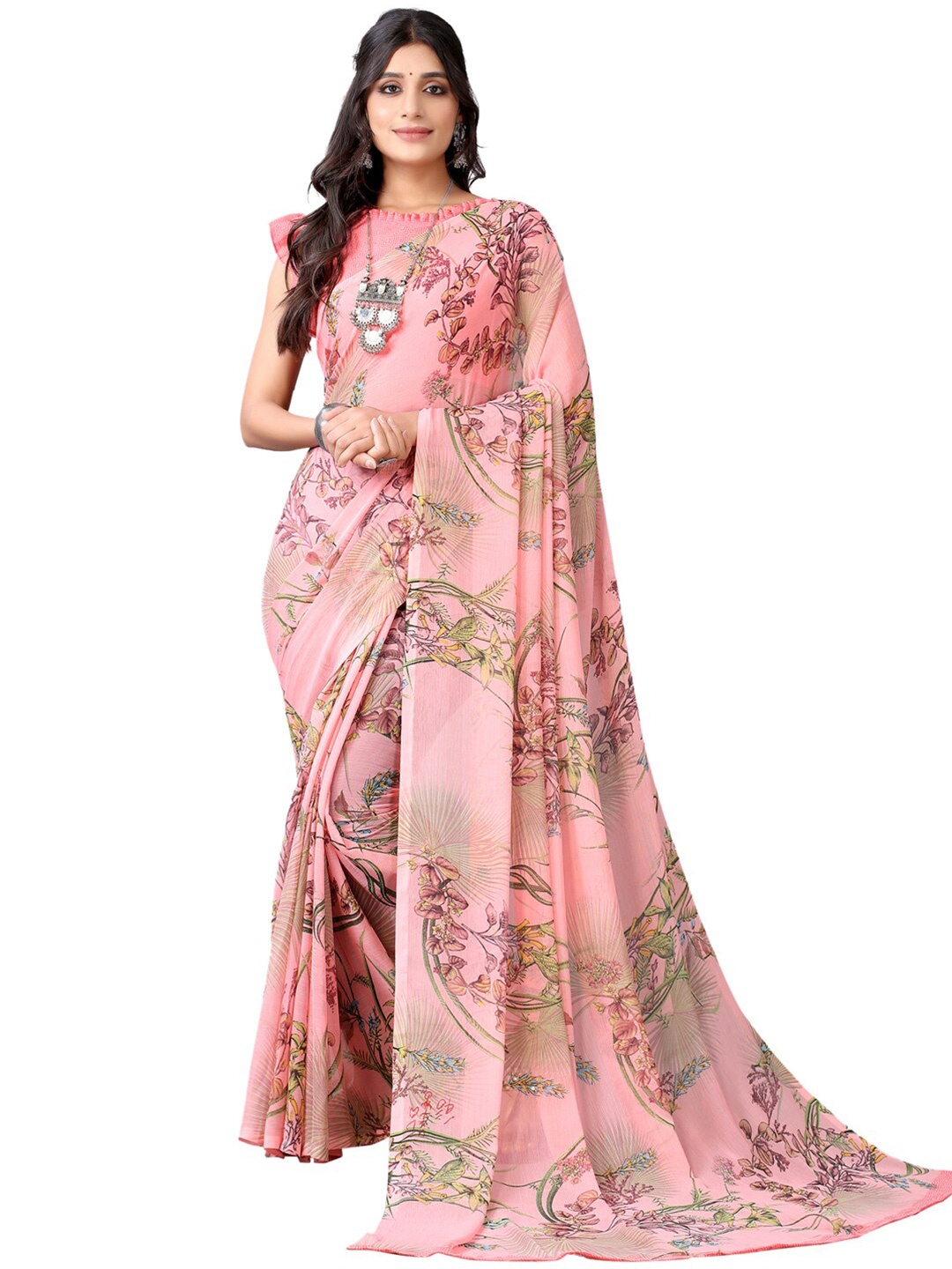 

KALINI Pink & Green Floral Pure Chiffon Saree
