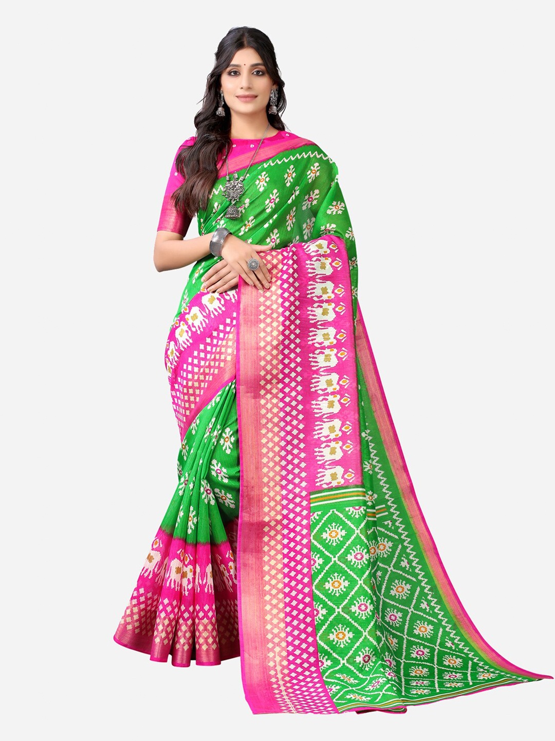 

KALINI Green & Pink Ethnic Motifs Printed Zari Saree