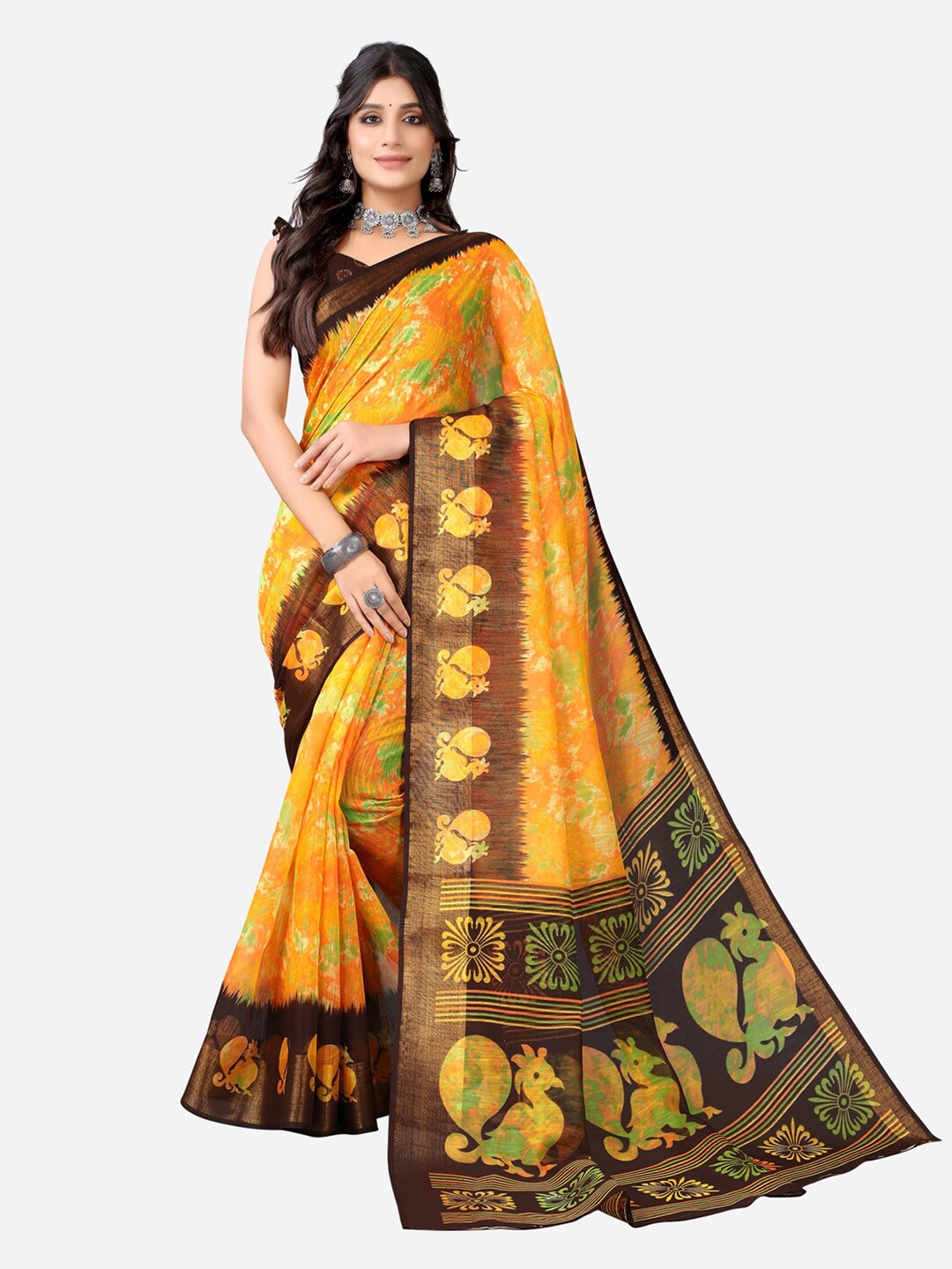 

KALINI Yellow & Brown Floral Printed Zari Saree