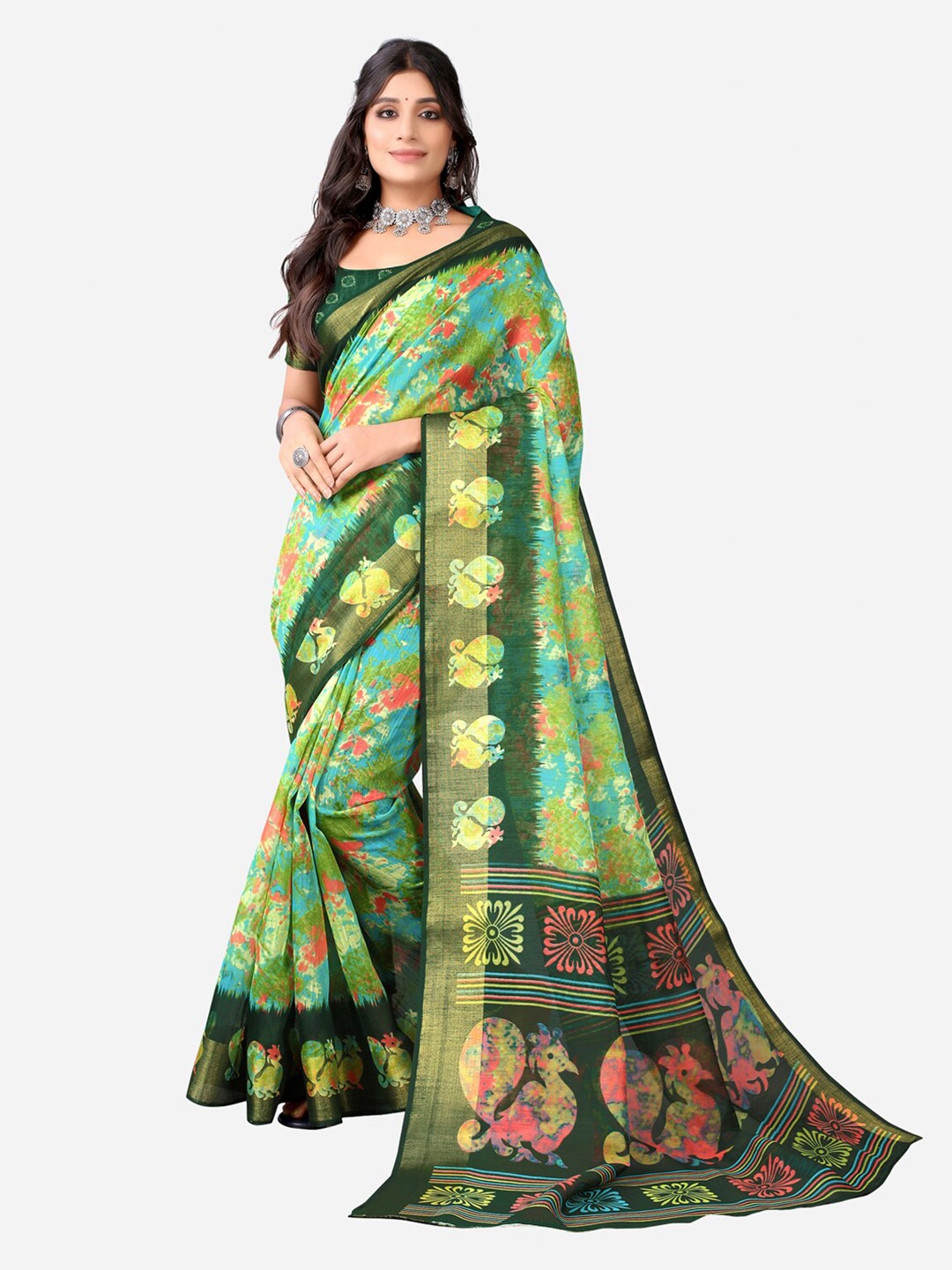 

KALINI Green Floral Zari Saree