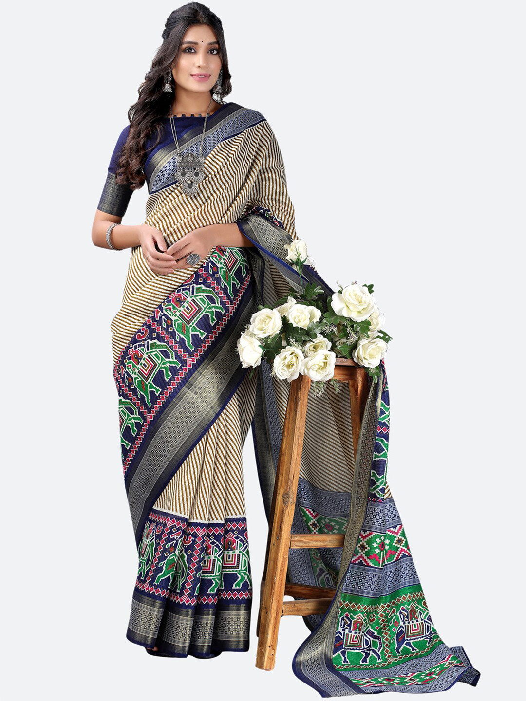 

KALINI Blue & Beige Printed Poly Cotton Zari Saree