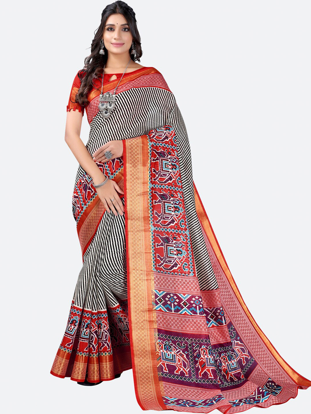 

KALINI Red & Black Ethnic Motifs Printed Zari Saree