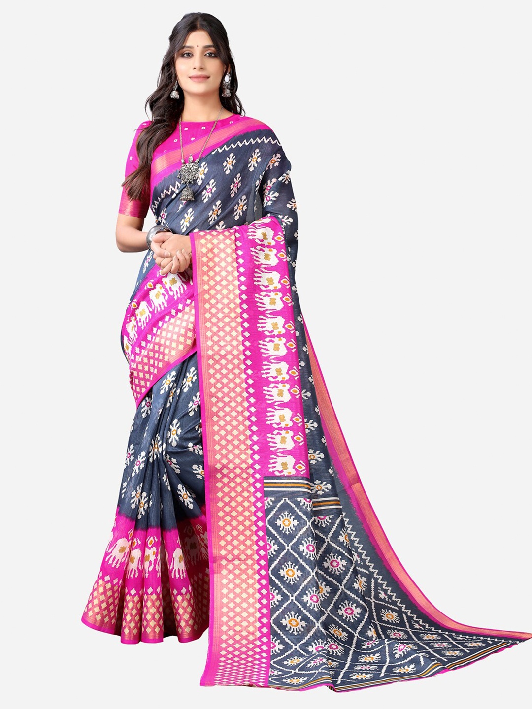 

KALINI Grey & Pink Floral Saree
