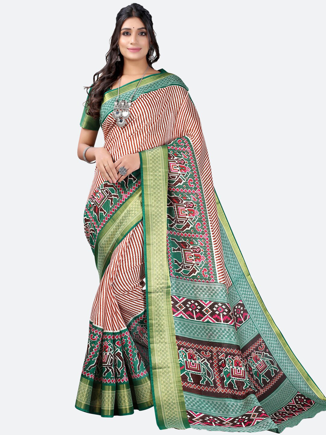 

KALINI Red & Gold-Toned Striped Zari Poly Cotton Saree