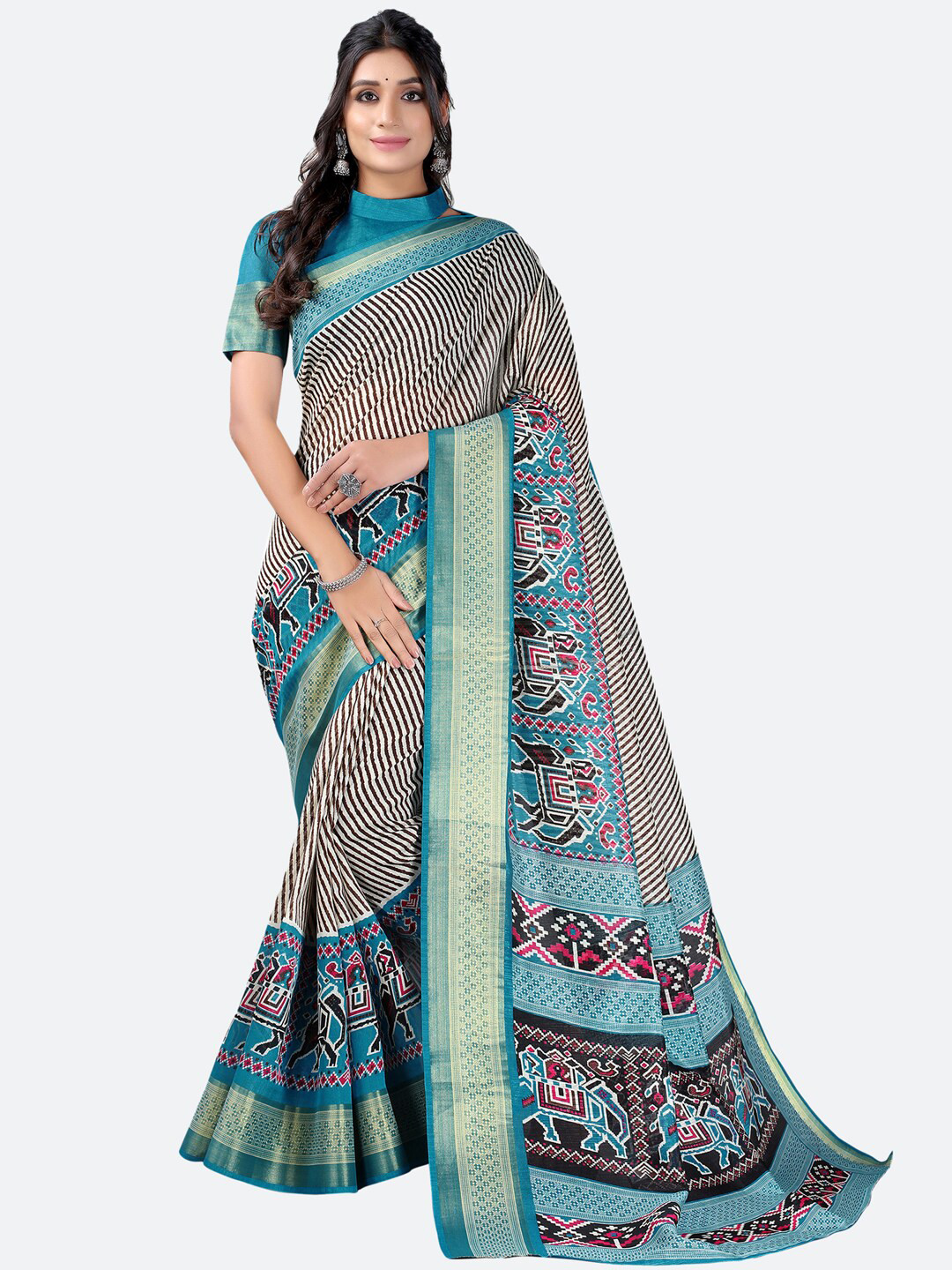 

KALINI Turquoise Blue & White Ethnic Motifs Zari Saree