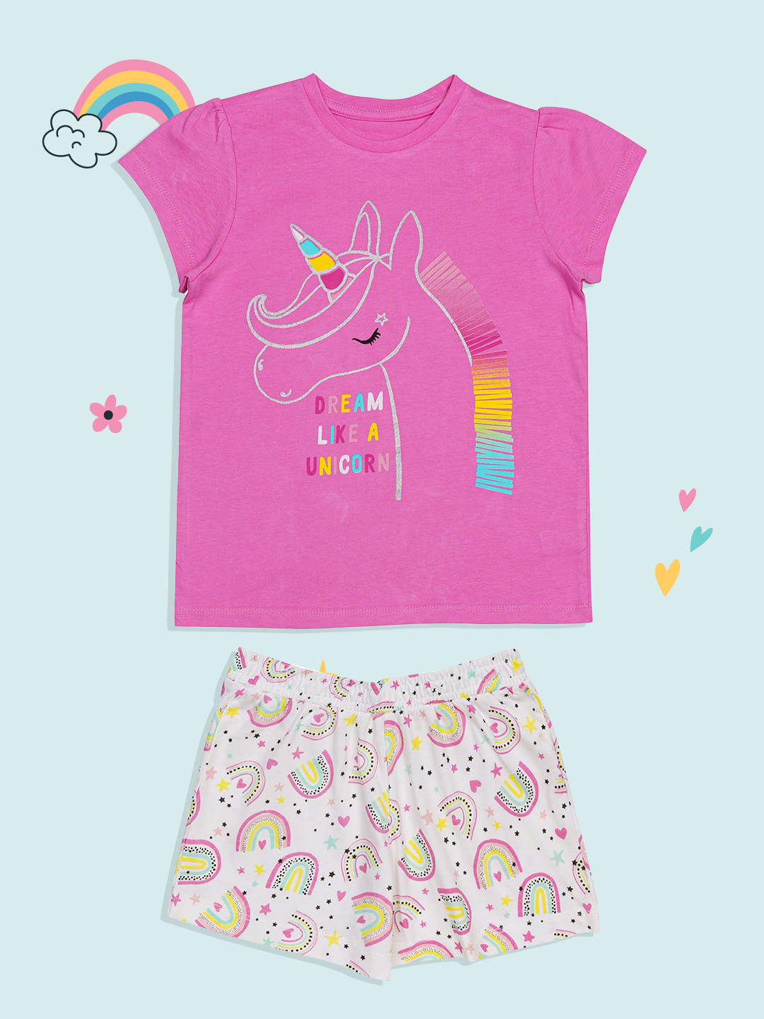 

H By Hamleys Girls Pink & White Unicorn Print Pure Cotton T-shirt with Shorts