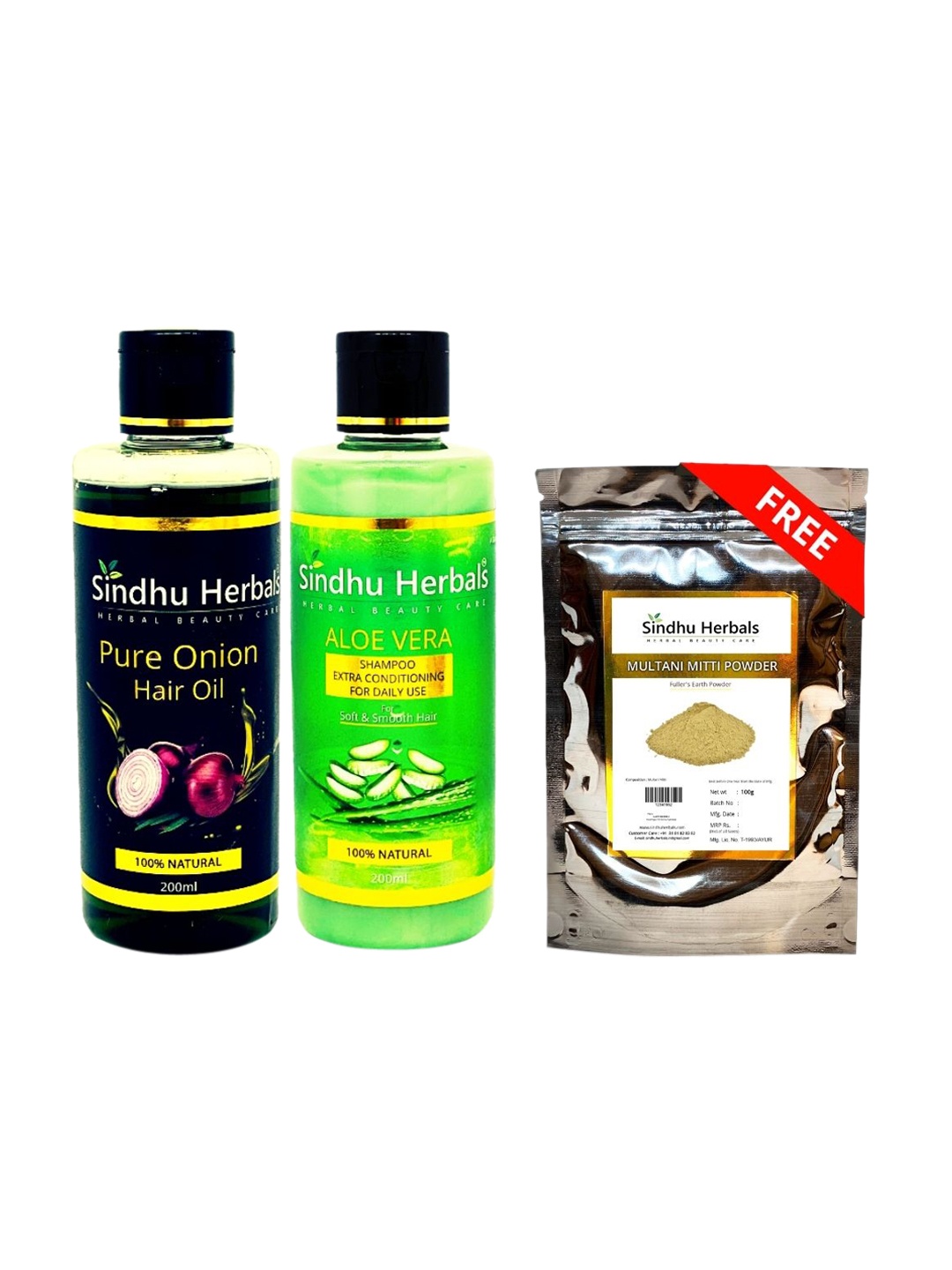 

Sindhu Herbals Set of 3 Pure Onion Hair Oil - 200 ml + Aloe Vera Shampoo - 200 ml & Multani Mitti Powder, Green