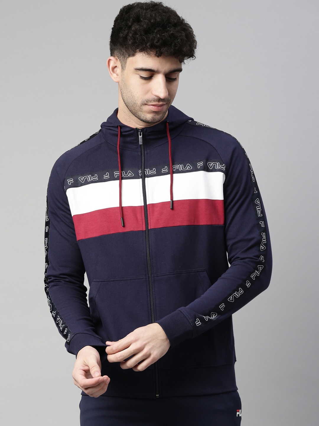 

FILA Men Blue Colourblocked Hooded Cotton Sweatshirt