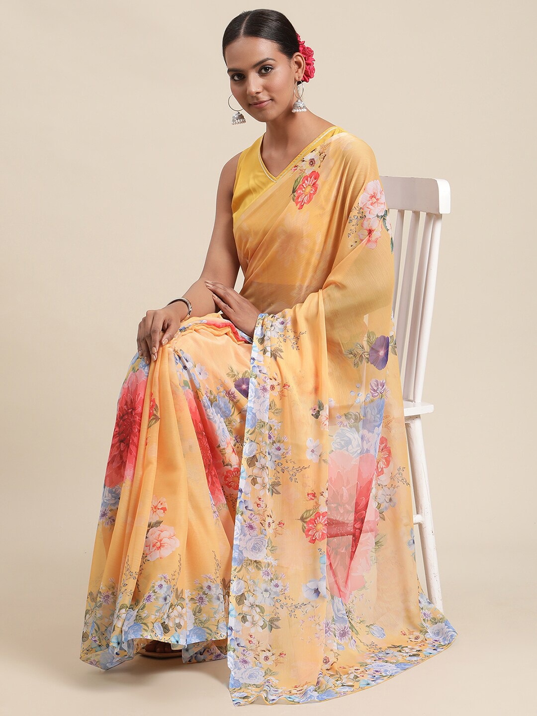 

Ahalyaa Yellow & Red Floral Printed Saree, Mustard