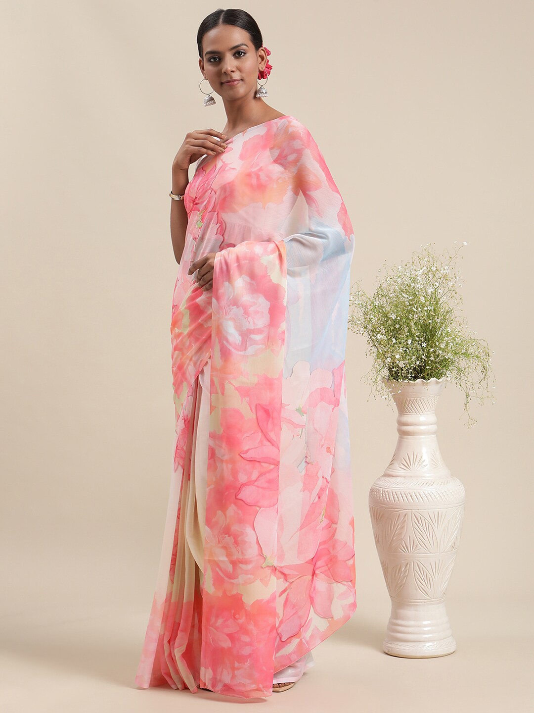 

Ahalyaa Pink & Yellow Floral Printed Saree