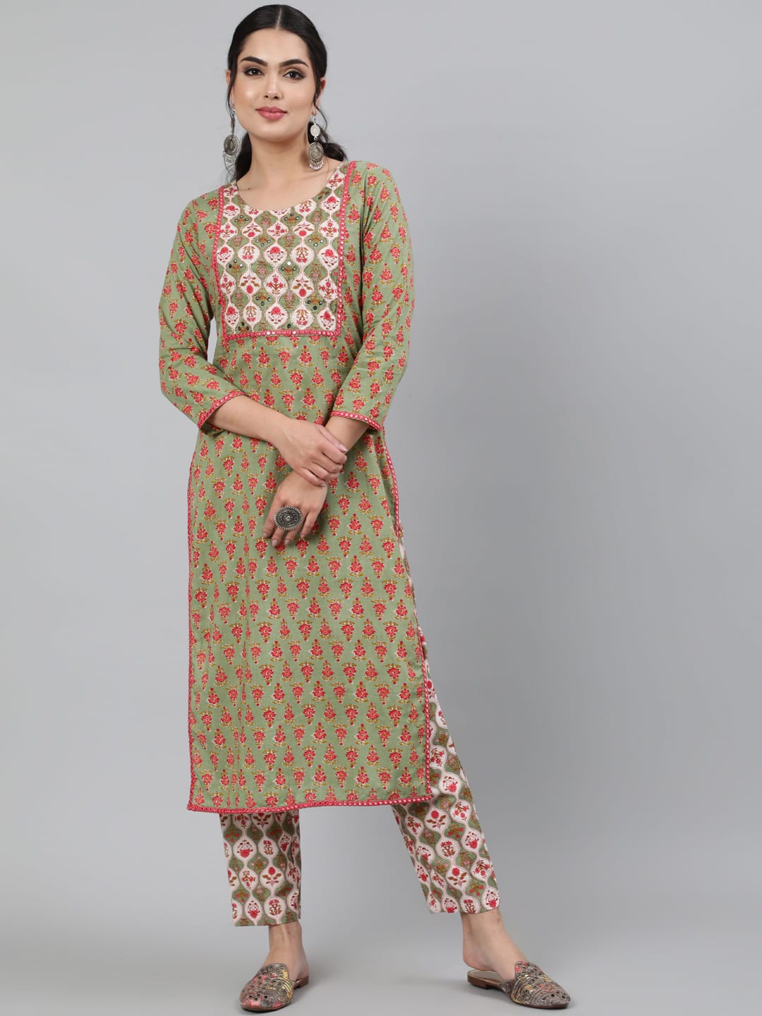 

GULMOHAR JAIPUR Women Green Ethnic Motifs Yoke Design Pleated Pure Cotton Kurti with Salwar & With Dupatta