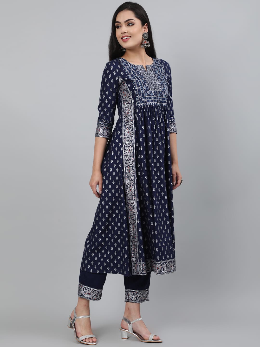

GULMOHAR JAIPUR Women Navy Blue Empire Kurta with Trousers
