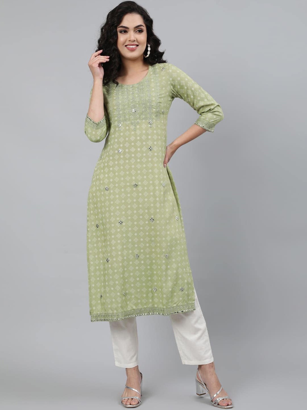 

GULMOHAR JAIPUR Olive Green Ethnic Motifs Embroidered Thread Work Pastels Kurta