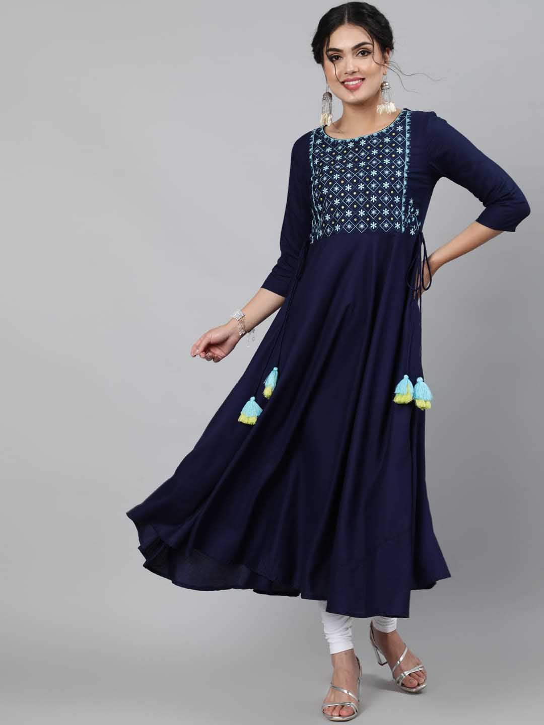 

GULMOHAR JAIPUR Women Navy Blue & Yellow Yoke Design Thread Work Anarkali Kurta