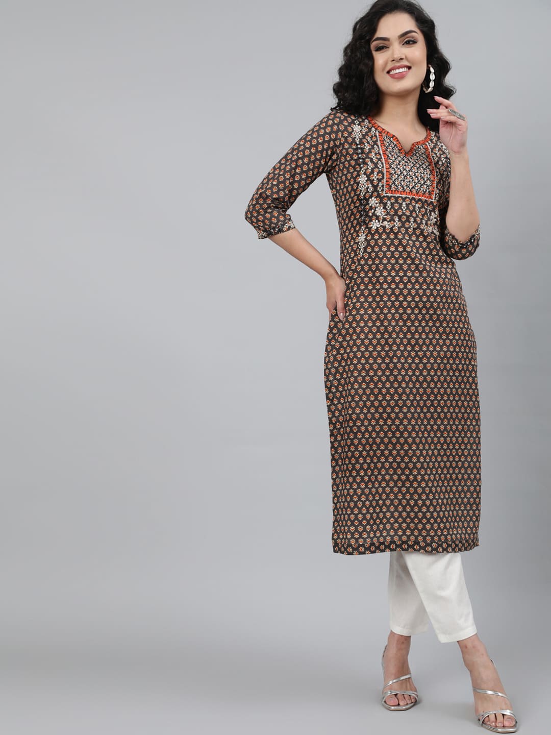 

GULMOHAR JAIPUR Women Brown Geometric Yoke Design Mirror Work Kurta