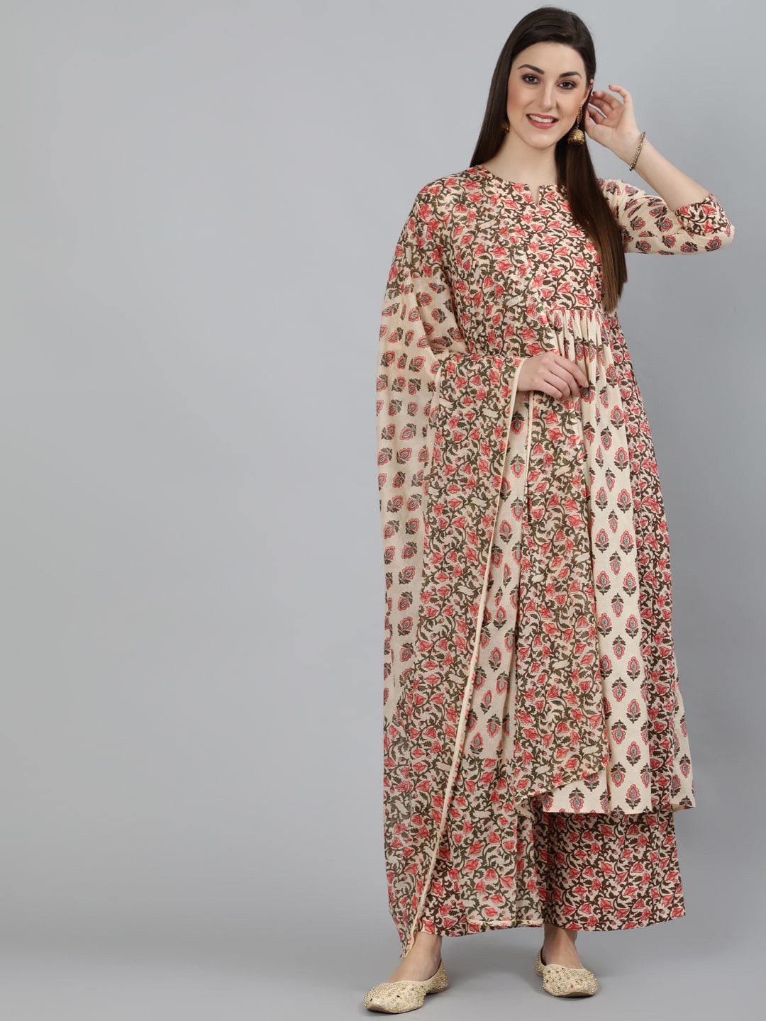 

GULMOHAR JAIPUR Beige Striped Pure Cotton Kurta with Palazzos & Dupatta