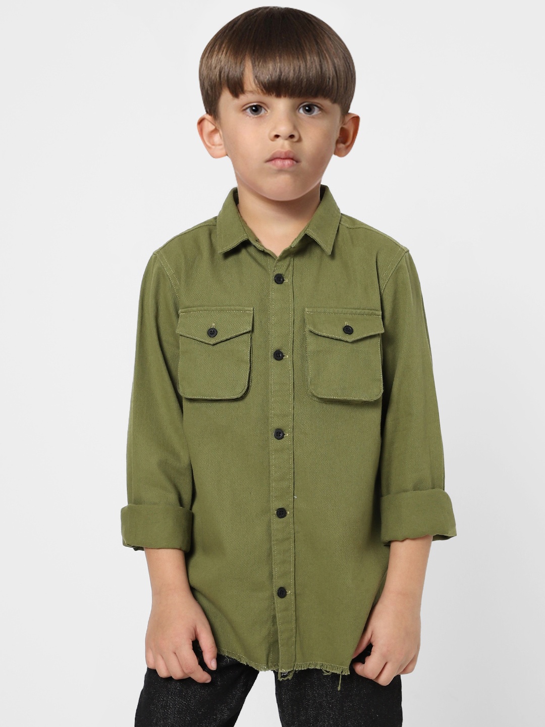 

Jack & Jones Boys Olive Green Solid Cotton Casual Shirt