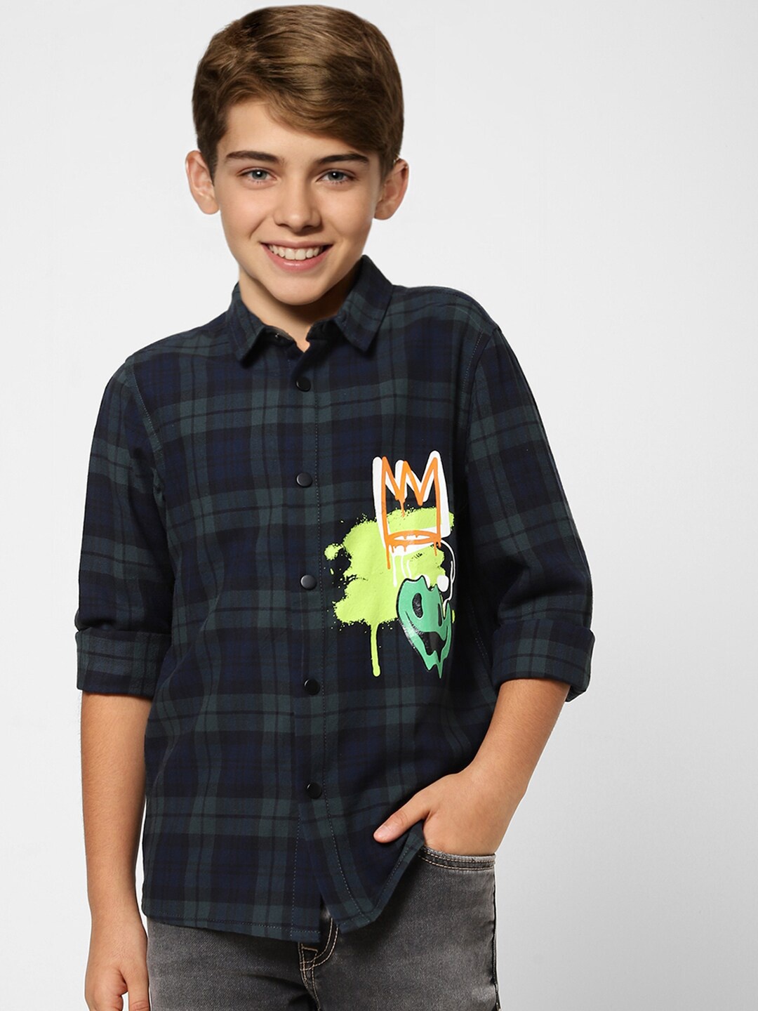 

Jack & Jones Boys Green Tartan Checks Checked Cotton Casual Shirt