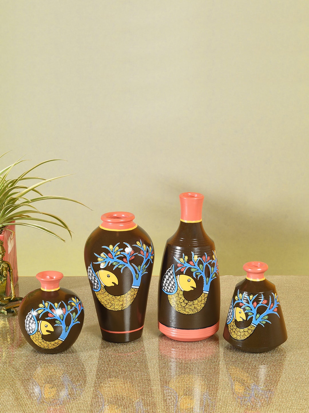 

AAKRITI ART CREATIONS Set of 4 Multi-Colored Fish Printed Terracotta Vase