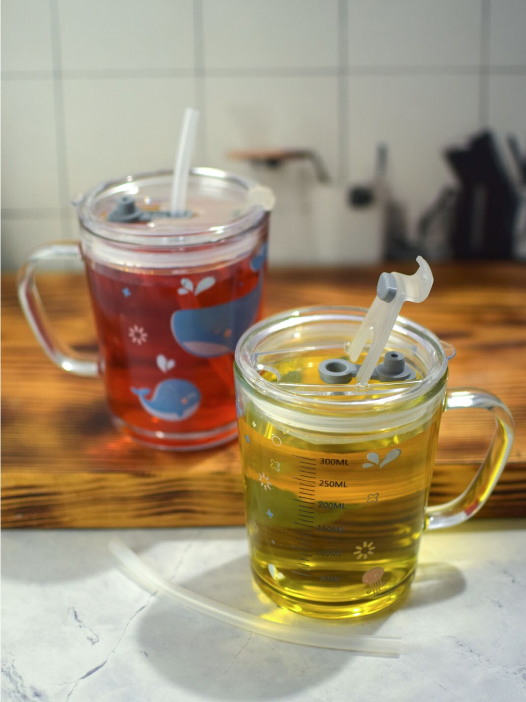 

jnsm Set Of 2 Transparent & Blue Printed Glass Transparent Mugs