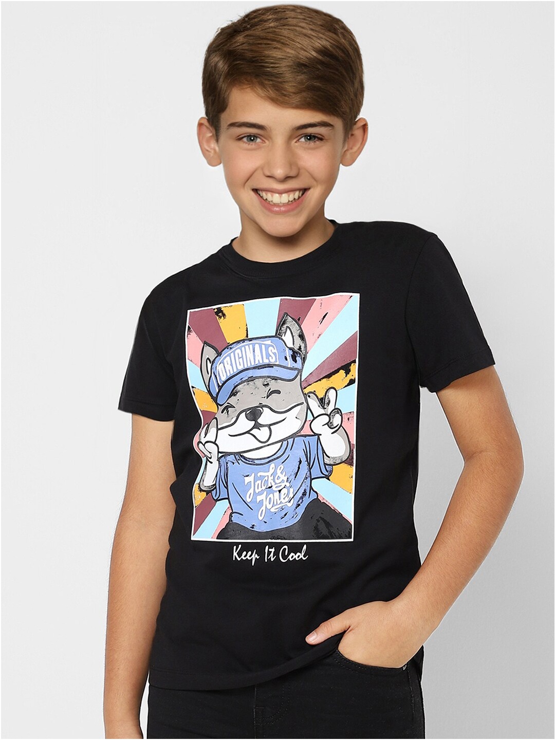

Jack & Jones Boys Black Graphic Printed Sports Cotton T-shirt