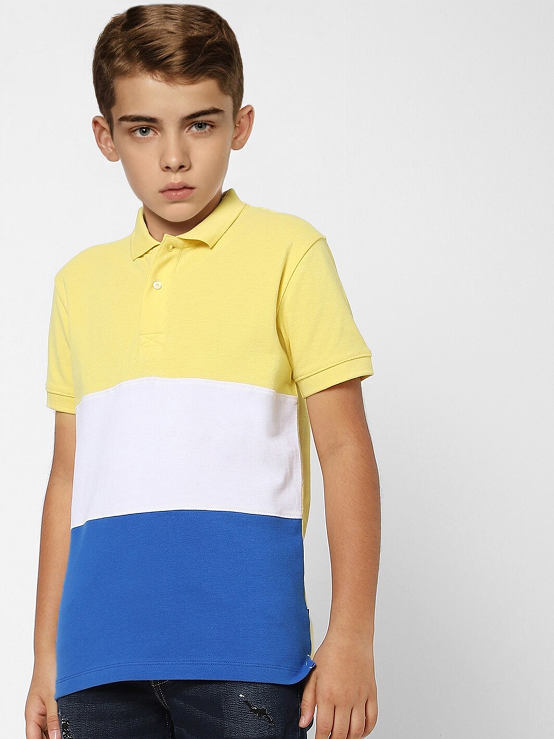 

Jack & Jones Boys Yellow & White Colourblocked Polo Collar Cotton T-shirt