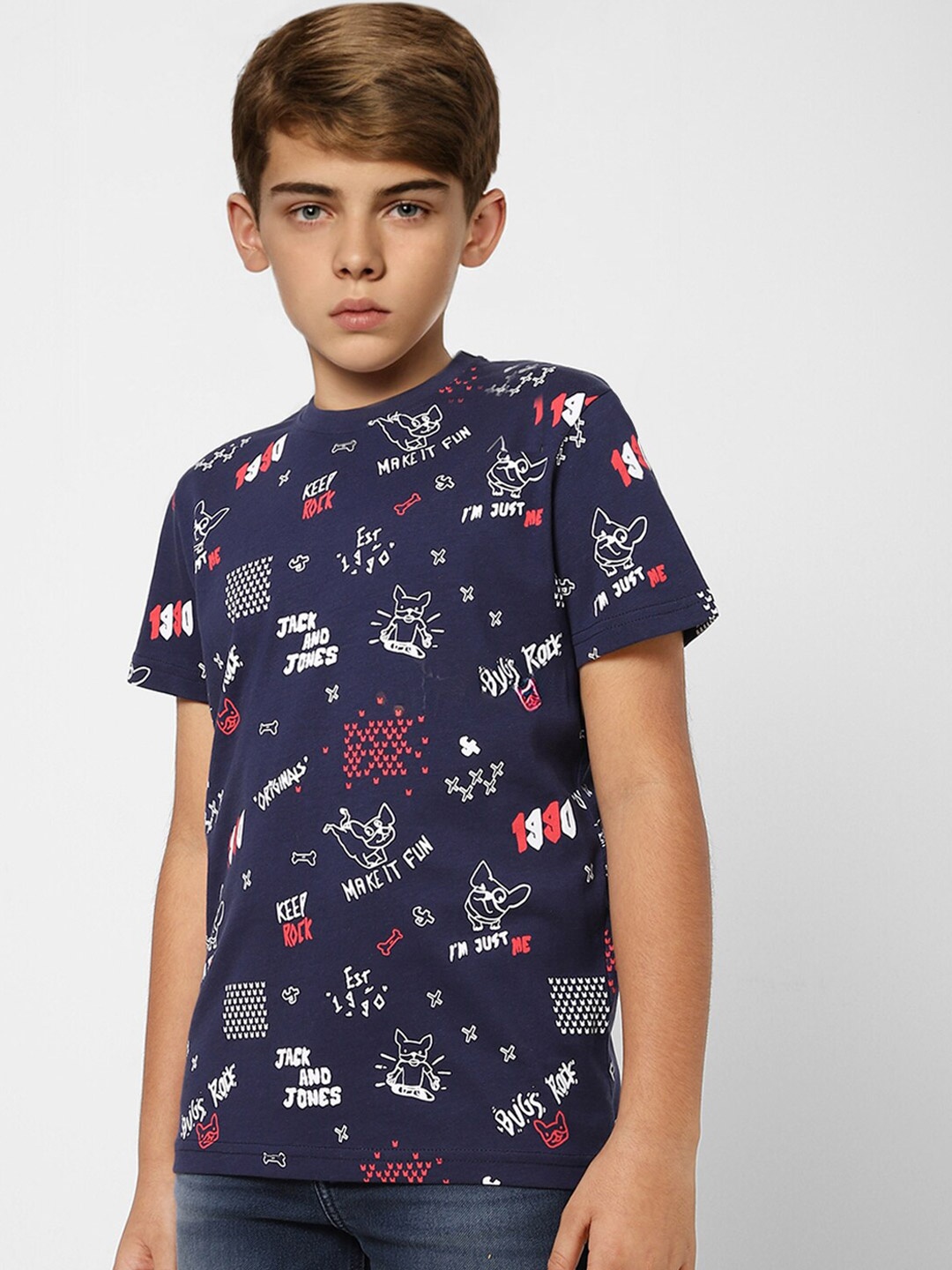 

Jack & Jones Boys Blue Graphic Printed Cotton T-shirt