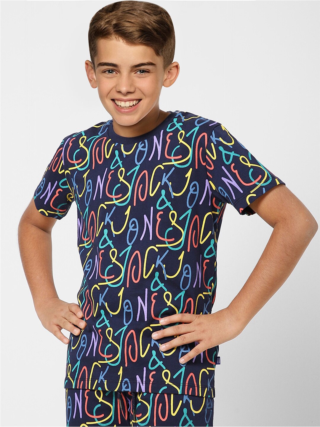 

Jack & Jones Boys Blue Typography Printed Cotton T-shirt
