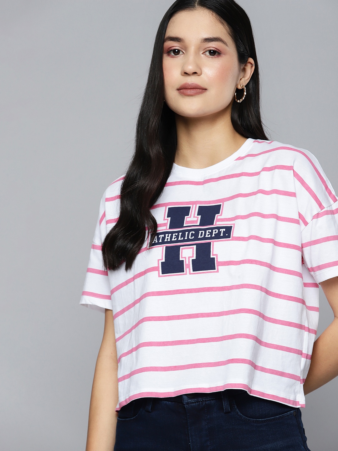 

Harvard Women Brand Logo Striped Drop-Shoulder Sleeves Pure Cotton T-shirt, White