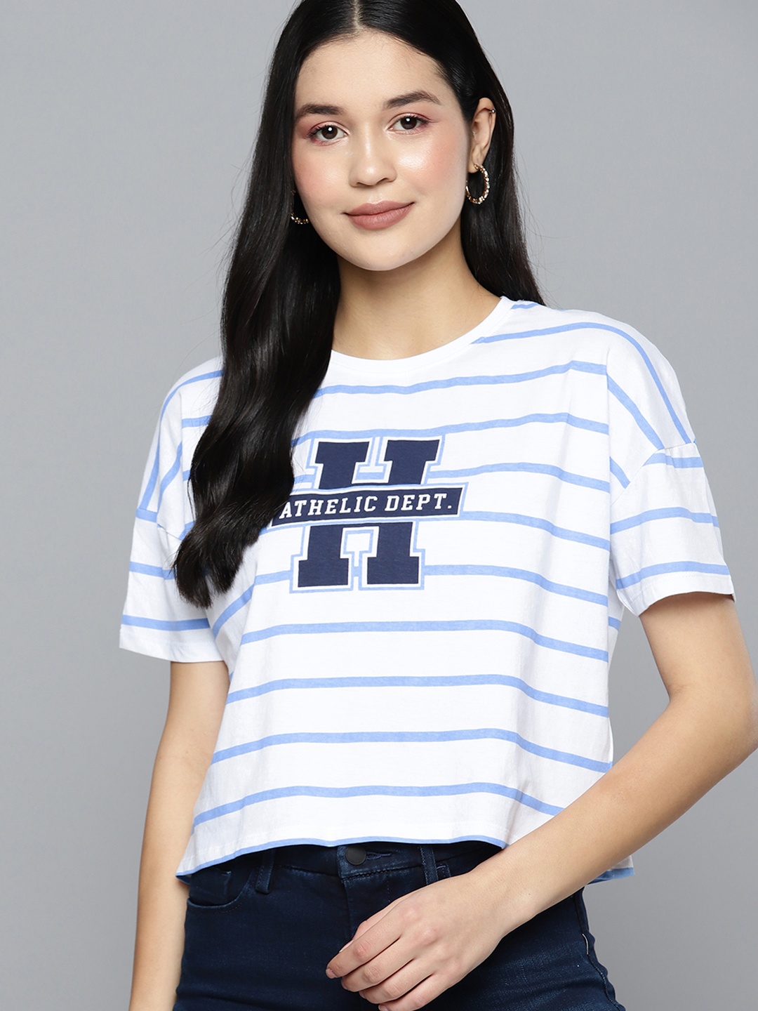

Harvard Women Brand Logo Striped Drop-Shoulder Sleeves Pure Cotton T-shirt, White
