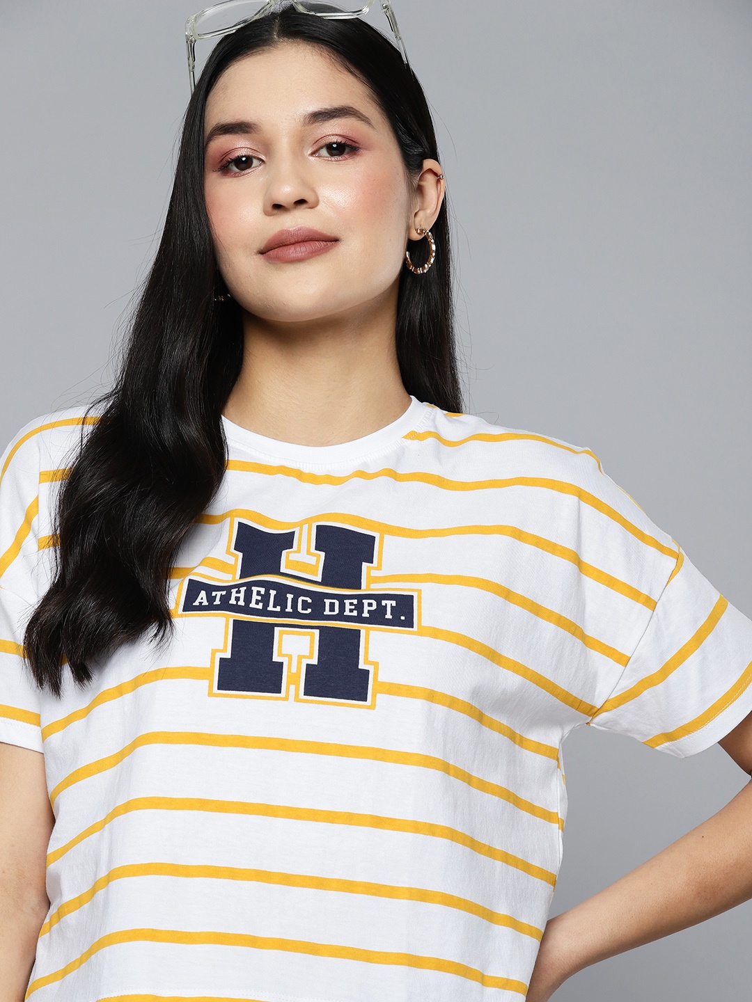 

Harvard Women Brand Logo Striped Drop-Shoulder Sleeves Pure Cotton T-shirt, White
