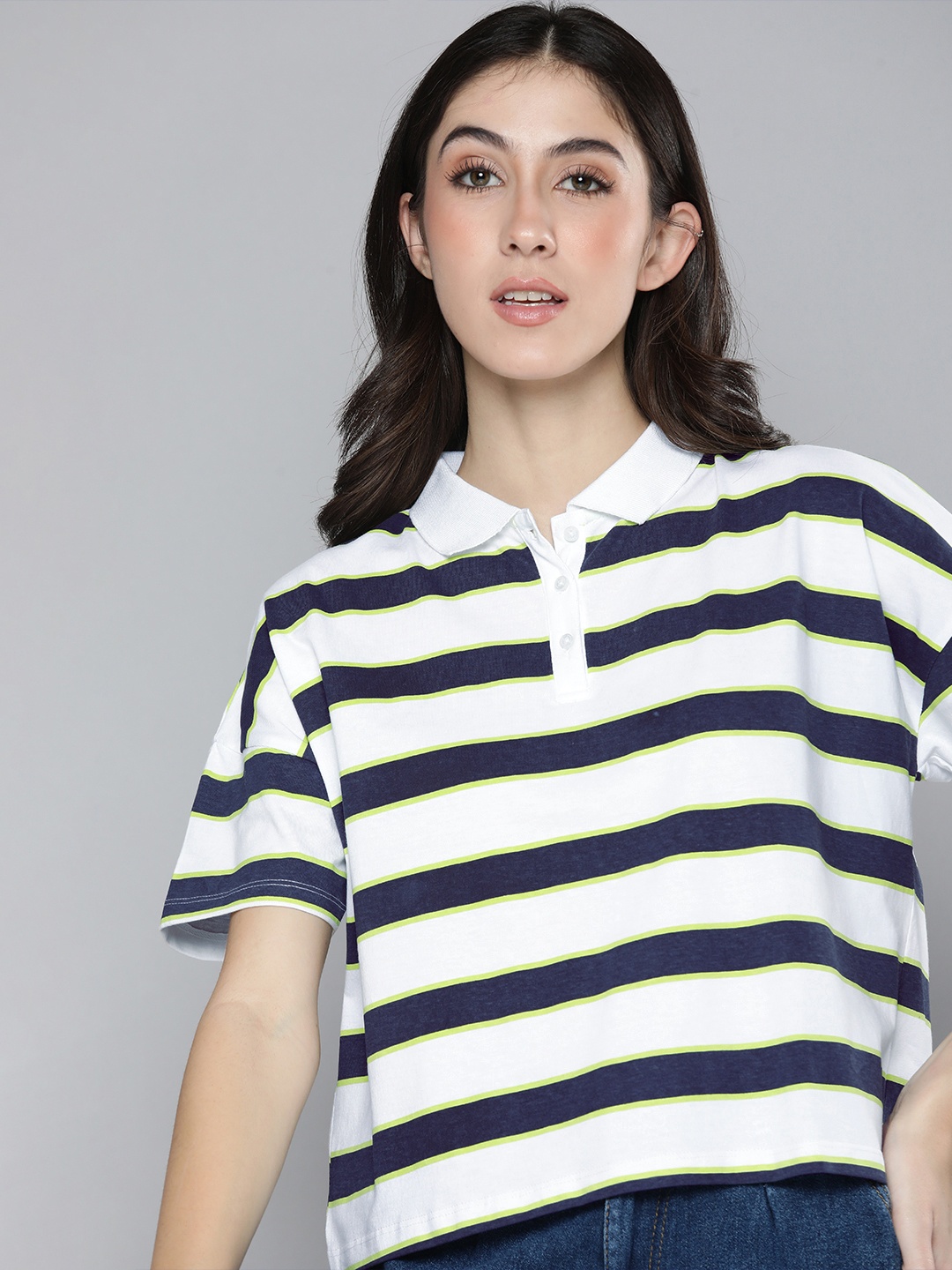 

Harvard Women Striped Polo Collar Pure Cotton T-shirt, White