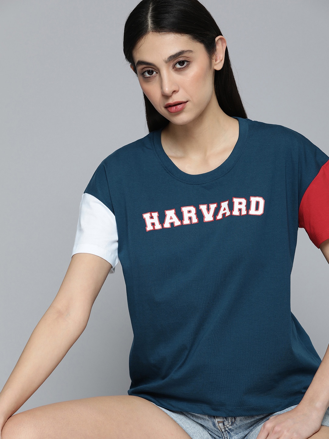 

Harvard Brand Logo Printed Pure Cotton Casual T-shirt, Navy blue