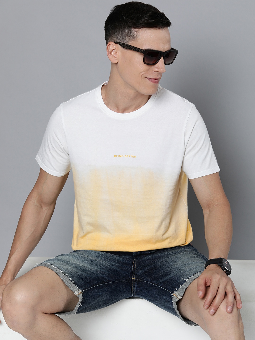 

Harvard Men White & Yellow Tie and Dye Pure Cotton T-shirt