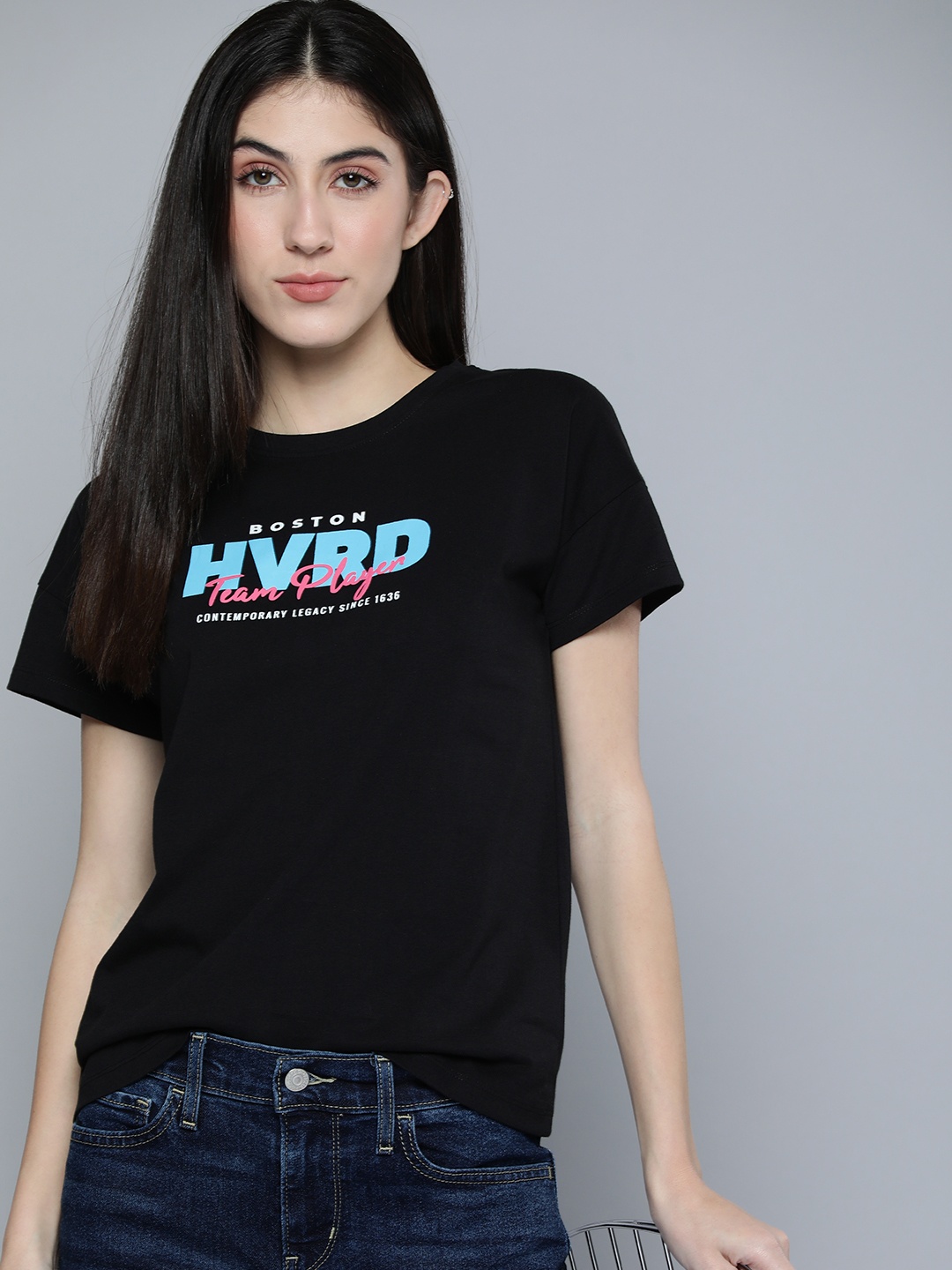 

Harvard Women Black Brand Logo Printed Pure Cotton T-shirt